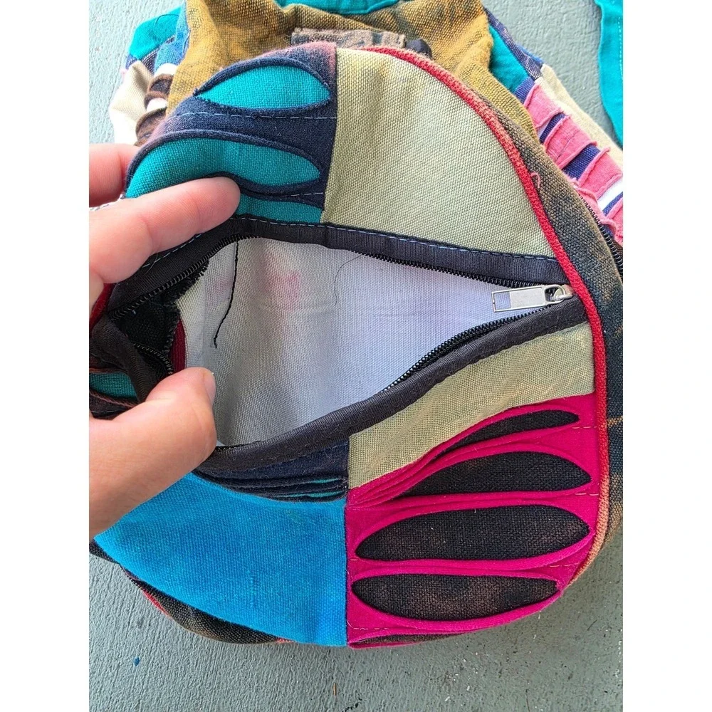 Boho‎ Patchwork Razor Cut Sling Backpack Multi Color Cotton Hippie Festival E2